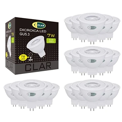 Imagen de CLAR Bombilla LED 12V, GU5.3, GU5.3 LED, MR16 Bombillas Dicroica 7W, MR16, 12V 7W (Pack 20)