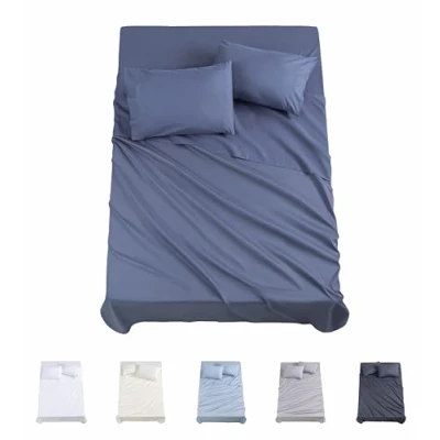 Imagen de Todocama Juego de Sábanas 4 Piezas 3001 Sábana Bajera Ajustable Encimera Dos Fundas Almohada 50x80cm. (Cama 180x190/200 cm, Azul Grisáceo)