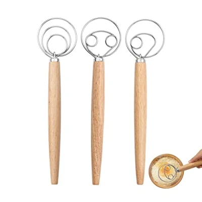 Imagen de CZAYEFNH 3 Piezas Batidor Set, de Masa Herramienta, Atidora Danesa Manual, mango madera batidora manual acero inoxidable para hacer pasteles pan (3 tamaños incluidos)