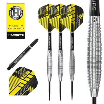 Imagen de Harrows NX90 juego de dardos profesionales con forma bomba y paralelo, 90 % acero tungsteno, todos los pesos profesionales, 10 piezas ejes negros Supergrip Midi plumas