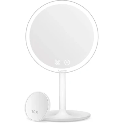 Imagen de Auxmir Espejo Maquillaje con Luz LED, 1X Aumento 10X, Recargable 2000mAh USB, 3 Colores de Luz, Brillo Regulable, Base Grande, para Baño Tocador, Blanco