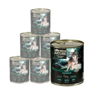 Imagen de Dehner Wild Nature Auwald, Comida húmeda para Perros, sin Cereales, azúcar, Perros Adultos, Aves de Corral/Caza, 6 latas 800 g (4,8 kg)