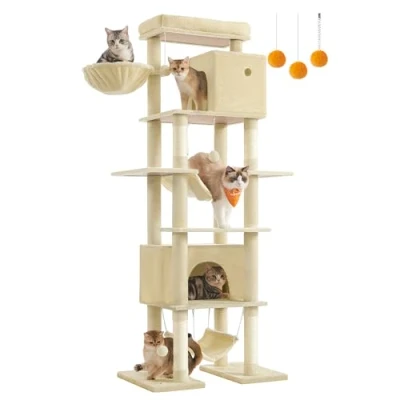 Imagen de Feandrea Árbol Grande para Gatos, Rascador Multinivel Gatos XXL, 201 cm de Altura, con una Plataforma, Cesta, 2 Casas hamacas, Beige PCT195Y01