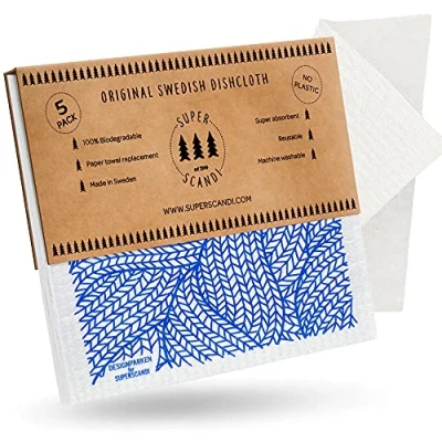 Imagen de SUPERSCANDI Bayeta Sueca Super Absorbente, Reutilizable Y Ecologica Paños De Cocina Biodegradables Celulosa Algodón Trapo Cocina, Limpieza Pack x5, Tricot Azul