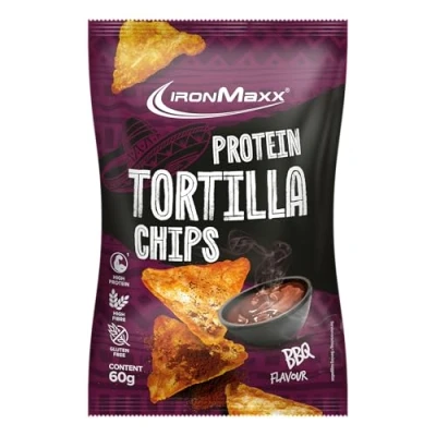 Imagen de IronMaxx Protein Tortilla Chips Barbecue Bolsa de 60 g Snack crujiente alto en proteínas soja y yuca Rico fibra sin gluten Ideal para una dieta consciente llevar