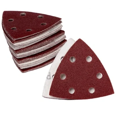 Imagen de Triángulos de lijado Delta con velcro, 120 hojas, 93 x mm, 6 agujeros, 20 grano 40/60/80/120/180/240, para lijadora delta, hojas triangulares, extracción polvo