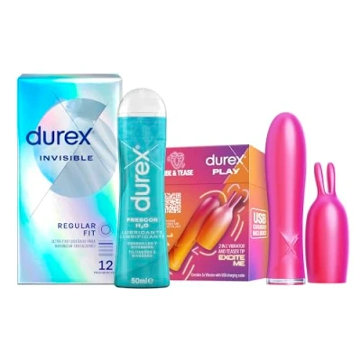 Imagen de Durex Pack Conejito Vibrador 2 en 1 VIBE &amp; TEASE, Lubricante Efecto Frescor 50 ml Preservativos Invisible, 12 condones