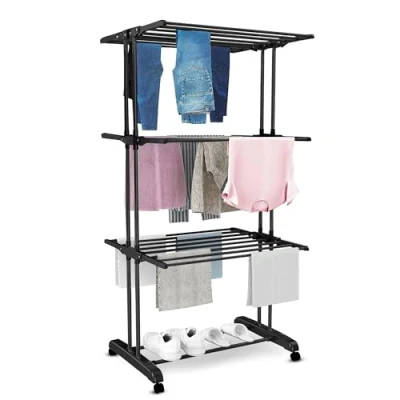 Imagen de Vonia Tendedero Vertical con Ruedas 3 Capas 72x50x172 cm Torre de Secado 6 Alas Plegables para Ropa Interior y Exterior Negro