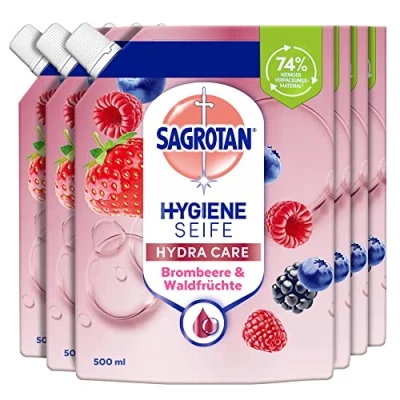 Imagen de Sagrotan jabón de manos rellenador (con aroma fresco moras y frutos del bosque, líquido antibacteriano, en práctico paquete), 6 unidades (6 x 500 ml)