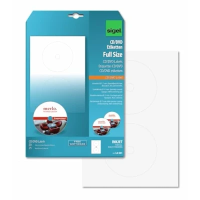 Imagen de SIGEL LA501 Etiquetas para CD/DVD (Ink), Ø 117 mm (A4), 50 Et.=25 hojas