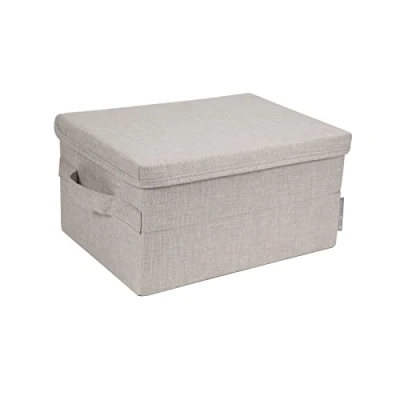 Imagen de Bigso Box of Sweden Caja de almacenamiento con tapa para ropa, accesorios, juguetes, etc. plegable asa tela pequeña poliéster y cartón, aspecto lino beige