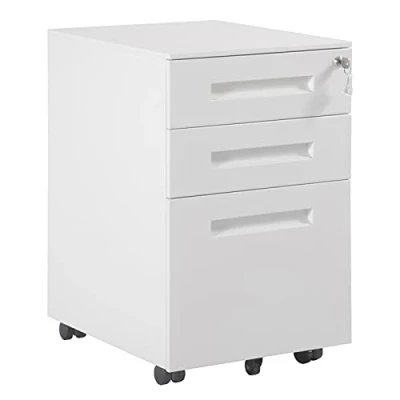 Imagen de WOLTU Cajonera de Oficina Armario Archivador Móvil con Cerradura, Ruedas para Archivos A4 Carpetas Colgantes, Mueble Metálico Oficina, Blanco SK023ws