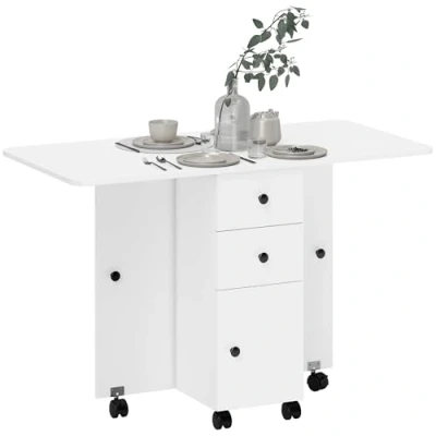 Imagen de HOMCOM Mesa de Comedor Plegable Cocina con Ruedas Alas Abatibles 2 Cajones y Armario Auxiliar Multifuncional para Estudio 120x60x76,5 cm Blanco