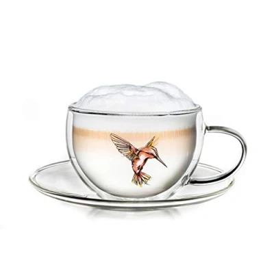 Imagen de Creano Taza Térmica Hummi, para Té/Latte Macchiato, de Doble Pared, con Patrón Colibríes 250ml en un Paquete Regalo. Rojo