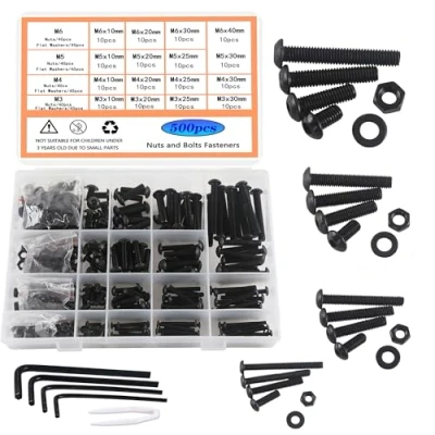 Imagen de HVDHYY M3 M4 M5 M6 Juego de Pernos Acero Al Carbono Tornillos Máquina Negros Tuercas y Arandelas Surtido Kit Cabeza Redonda con Caja Almacenamiento 4 Llaves Inglesas 500pcs