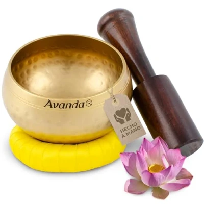 Imagen de Juego de Cuenco tibetano para yoga, meditación y relajación martillado Ø 8 cm, mazo madera mango cojín anular amarillo