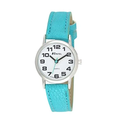 Imagen de Ravel Reloj Unisex de Correa fácil Lectura con números Grandes (pequeño) Azul Claro/Tono Plateado/Esfera Blanca