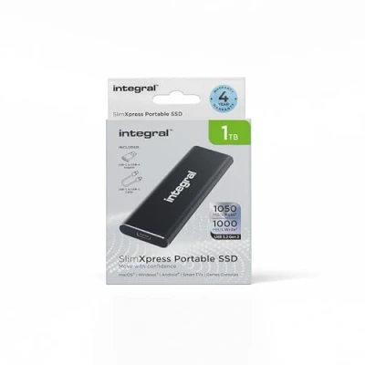 Imagen de Integral SlimXpress 1TB USB &amp; C 3.2 Gen 2 Disco Duro Externo SSD portátil 1050MB/s de Lectura / 1000MB/s Escritura, Carcasa Aluminio y Plug Play. para Mac, PC, Xbox Playstation