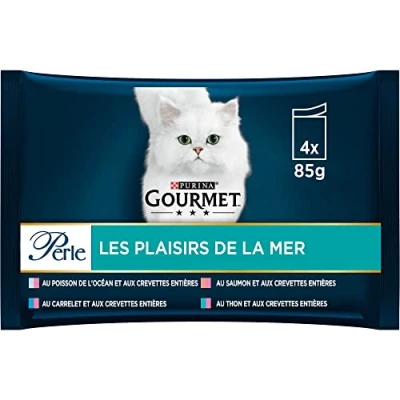 Imagen de Gourmet Perla LOS PLACIOS del MAR Gato Adulto Masa Pez Océano, Azulejo, Salmón, Atún Lote de 12 4 x 85 g Bolsa Fresca