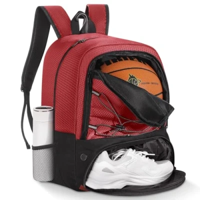 Imagen de MoKo Mochila de Baloncesto, fútbol para Hombres y Mujeres con Compartimentos Separados Pelotas Zapatos, Resistente al Agua, Gancho Cerca, Bolsa Deporte Ropa, Rojo