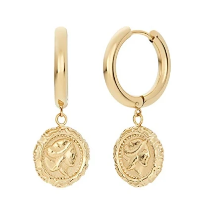 Imagen de NOELANI Creoles Joyas de orejas acero inoxidable para mujer, 3,7 cm, oro, moneda, viene en caja regalo joyería, 2030642