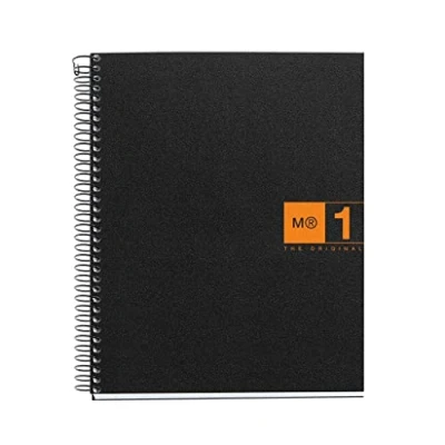 Imagen de Miquelrius Cuaderno Notebook The Original, Tamaño A5, 80 Hojas de 70 g/m² y 1 Franja Color, Rayado Cuadrícula 5 mm, 2 Taladros, Cubierta Polipropileno, Color Negro/Naranja