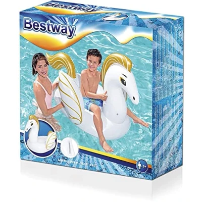 Imagen de BESTWAY 41121 Luxury Pegaso Hinchable 159x109 cm Blanco y Dorado con Asas Agarraderas Válvula de Fácil Inflado Desinflado para Niños Niñas Mayores 3 Años
