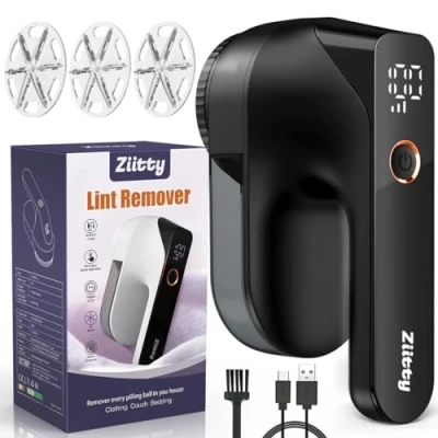 Imagen de Quitapelusas Electrico Quita Pelusas Ropa Ziitty Bolas de la Ropa, Pantalla LCD, Carga por Type C, 6 Hojas, Cuchilla Recargable Potente y Eficiente para Muebles, Negro