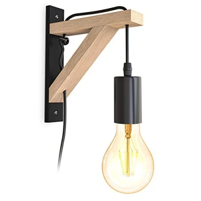 Imagen de B.K.Licht I lámpara de pared madera natural negra 2,5 m cable interruptor E27 1 llama sin bombilla