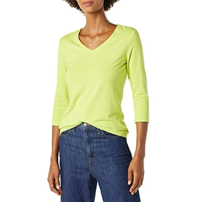 Imagen de Amazon Essentials Camiseta de Cuello en Pico, Manga 3/4 y Ajuste Clásico (Disponible Tallas Grandes) Mujer, Verde Lima, XS