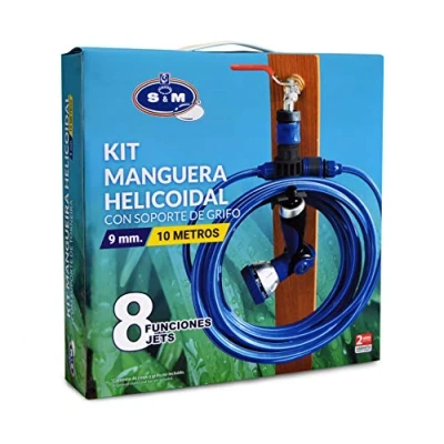Imagen de S&amp;M 548635 Kit de manguera helicoidal azul 10 metros (9 mm diámetro) + pistola multifunción 8 chorros automático rosca hembra con adaptador ¾ ½ conector rápido soporte para grifo