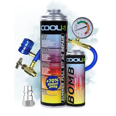 Imagen de COOL5 5en1 Repuesto de refrigerante R134a para aire acondicionado vehículos 1995 2016 + manguera presión con manómetro bomba refresco adaptador R12 APC 500ml