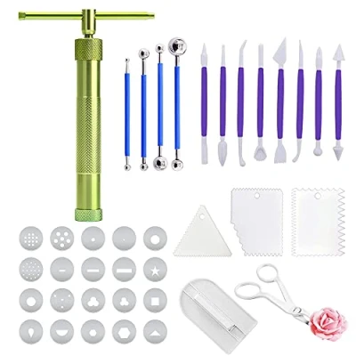 Imagen de Allazone 19 Pz Pistola Extrusora de Arcilla Acero Inoxidable Fondant con 20 Moldes, Herramienta para Decorar Pasteles y Pasteles, Hacer