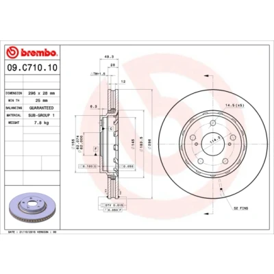 Imagen de BREMBO COATED DISC LINE 09.C710.11 Disco de freno 296 28 5 ventilación interna revestido