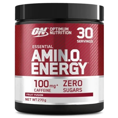 Imagen de Optimum Nutrition Amino Energy Polvo Pre Entrenamiento, Bebida Energética con Aminoácidos, BCAA, L Glutamina y Leucina, Complemento Vitamina C Cafeína, Sabor Fruit Fusion, 30 Porciones, 270 g
