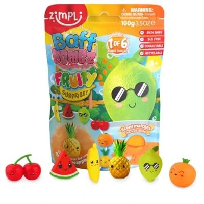 Imagen de Zimpli Kids bomba de baño grande con sabor a fruta, la contiene 1 6 juguetes frutas sorpresa para coleccionar, bombas regalo niños en el interior, regalos