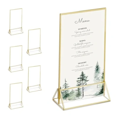 Imagen de Relaxdays Juego Mesa DIN A6 Set de 6 Soportes Sobremesa, Boda, Cartas Menú y Fotos, Expositor Acrílico, Transparente/Oro