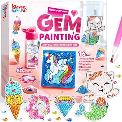 Imagen de Klever kits 16 proyectos de arte gemas, pintura diamantes para niños, artes y manualidades niñas 6 a 12 años, unicornio, haz tus propios
