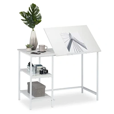 Imagen de Relaxdays Escritorio reclinable, Tres estantes, Ajustable, Mesa de PC, 75 x 110 55 cm, Blanco, Tablero Fibras