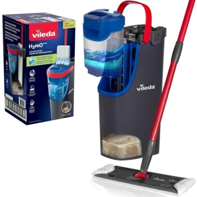 Imagen de Vileda H2Pro Sistema de mopa Plana, Separación Agua Limpia y Sucia, Diseño Que Ahorra Agua, Manejo con una Sola Mano, Almacenamiento Compacto, Mango ergonómico, Potencia Microfibra