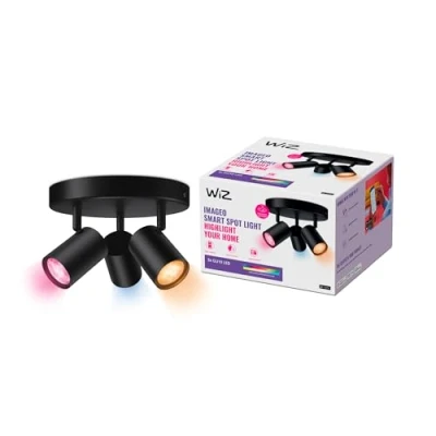 Imagen de WiZ Lámpara de techo Imageo negra 3 focos ajustables placa redonda, Luz Blanca y Colores, Wi Fi, con tecnología SpaceSense compatible Alexa Google Home
