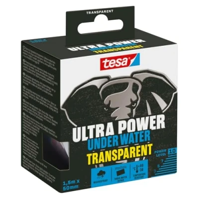 Imagen de tesa Ultra Power Under Water Transparent Cinta adhesiva impermeable para sellar piscinas, carpas y canalones Fuerte adhesivo reparaciones inclusive bajo el agua 1 x rollo 1,5 m 50 mm
