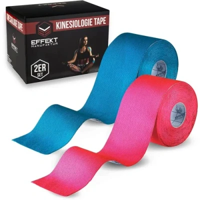 Imagen de Cintas de kinesiología Effekt 5 m x cm 2 rollos (azul y rosa) Vendaje kinesológico, elásticas, impermeables para el soporte muscular, recuperación lesiones, cinta médica deportiva