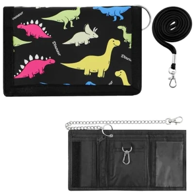Imagen de TOKSEO Billetero Infantil con Cierre cordón de Ajuste, Cadena metálica, 8 x 12 cm Plegable Motivo Dinosaurio