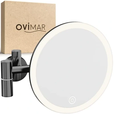 Imagen de espejo de aumento Ringstind Gunmetal con iluminación recargable Montaje en pared para taladrar el baño 5x maquillaje luz 360 ​​​​grados