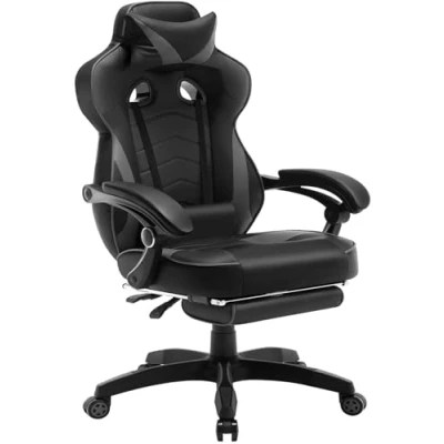 Imagen de WOLTU Silla Gaming, Cuero Sintéticor Ergonómica Gaming para Chair con Reposapiés Gamer Sillón Giratorio Videojuegos, Oficina Gran Respaldo y Asiento Personas Grandes Negro+Gris