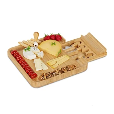 Imagen de Relaxdays Set Tabla de Quesos, 4 x 33 cm, Bandeja Embutidos y Aperitivos, Bambú, con Cajón Cubiertos, Natural, Acero Inoxidable