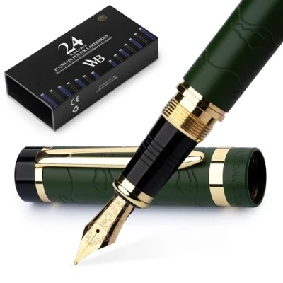 Imagen de Wordsworth &amp; Black Juego De Pluma Estilográfica Primori [Oro Verde]; Punta Mediana, Caja Regalo, 24 Cartuchos Tinta, Convertidor Recarga; Diario, Caligrafía, Bolígrafos Escritura Suave