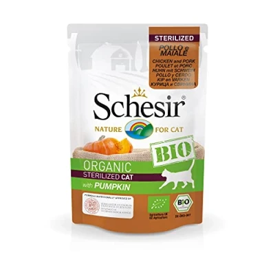Imagen de Schesir Cat Bio Esterilizado Pollo y Cerdo con Calabaza, Comida para Gatos Esterilizados, 16 Bolsas x 85 g