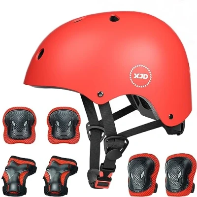 Imagen de XJD Casco de Ciclismo para Niños y Protecciónes Infantiles Incluye Rodilleras Coderas Muñequeras Adjustables 7 Piezas Patínes Patinete 3 a 13 Años(Rojo M)